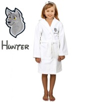 Grey Fox Cartoon Design & Custom Name Embroidery on Kids Hooded Bathrobe